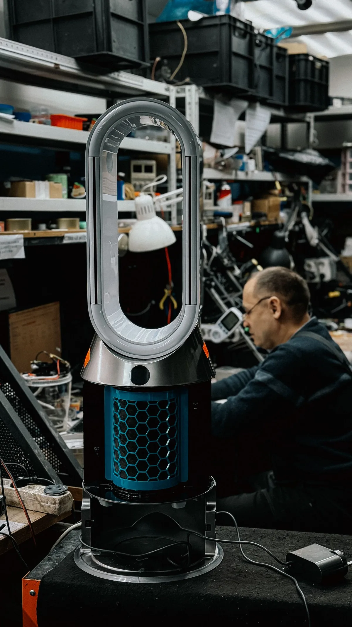 An air purifier on a repair workshop bench