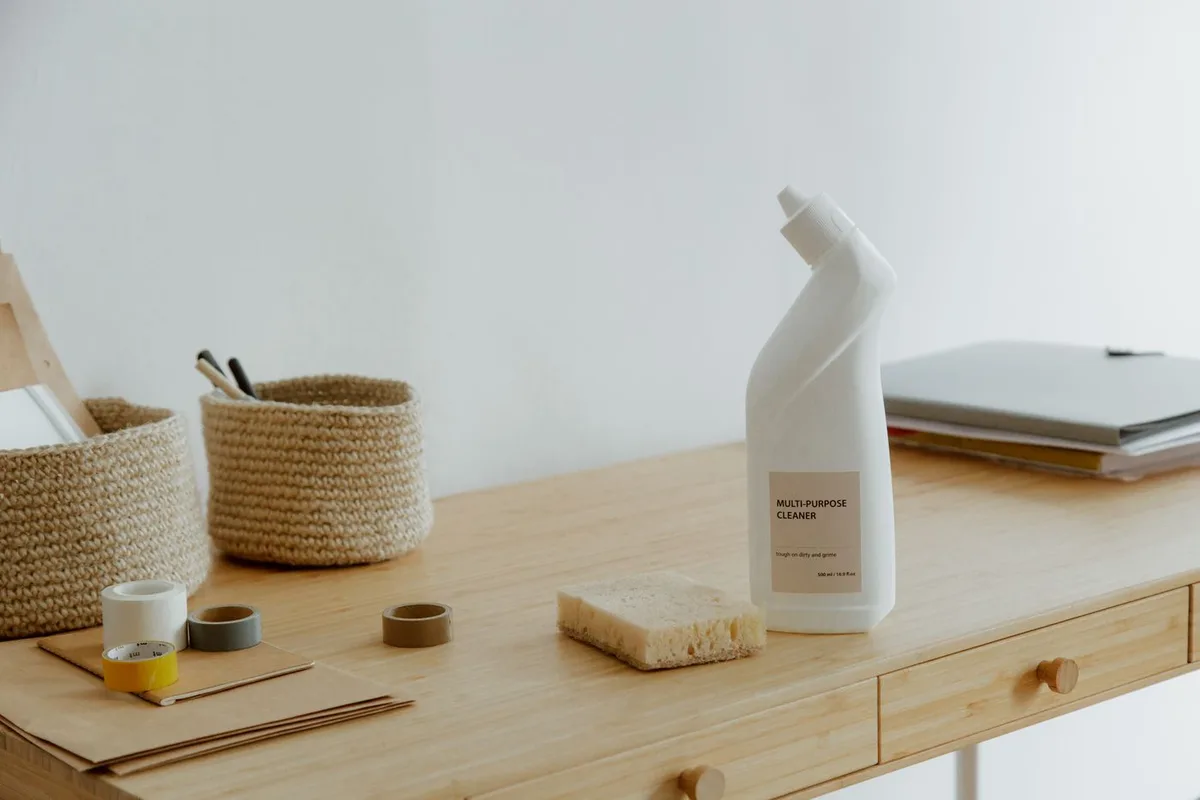 A cleaning spray and small brush on a wooden desk beside woven holders and a closed laptop